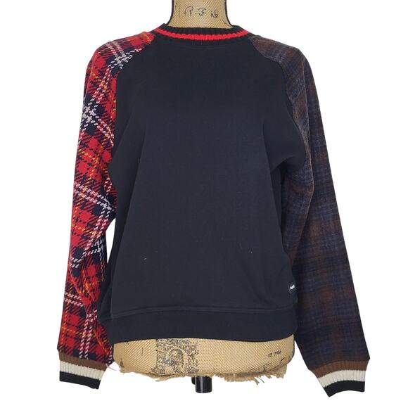 Desigual Raglan Plaid Sleeves Ribbed Knit Striped Collar Cuffs Sweatshirt Size M - Picture 2 of 9